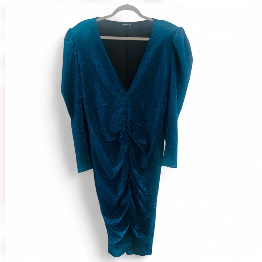 SHEIN CURVE BLUE RUCHED SPARKLY LONG SLEEVE PULLOVER DRESS SIZE 1XL